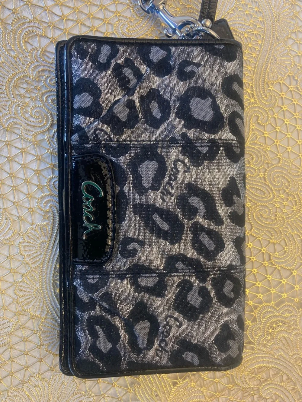 Coach Leopard Print Wristlet Wallet | Signature Canvas & Patent Leather Trim - Picture 12 of 15